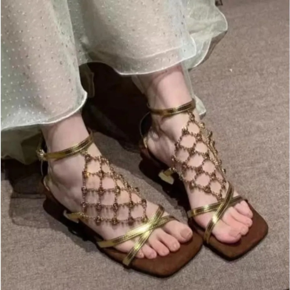 Mesh Strap Metal - Элегантные женские летние босоножки на высоком